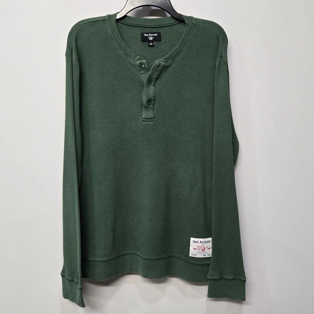 True Religion Thermal Henley Shirt Men Large Green Waffle Knit Streetwear Grunge